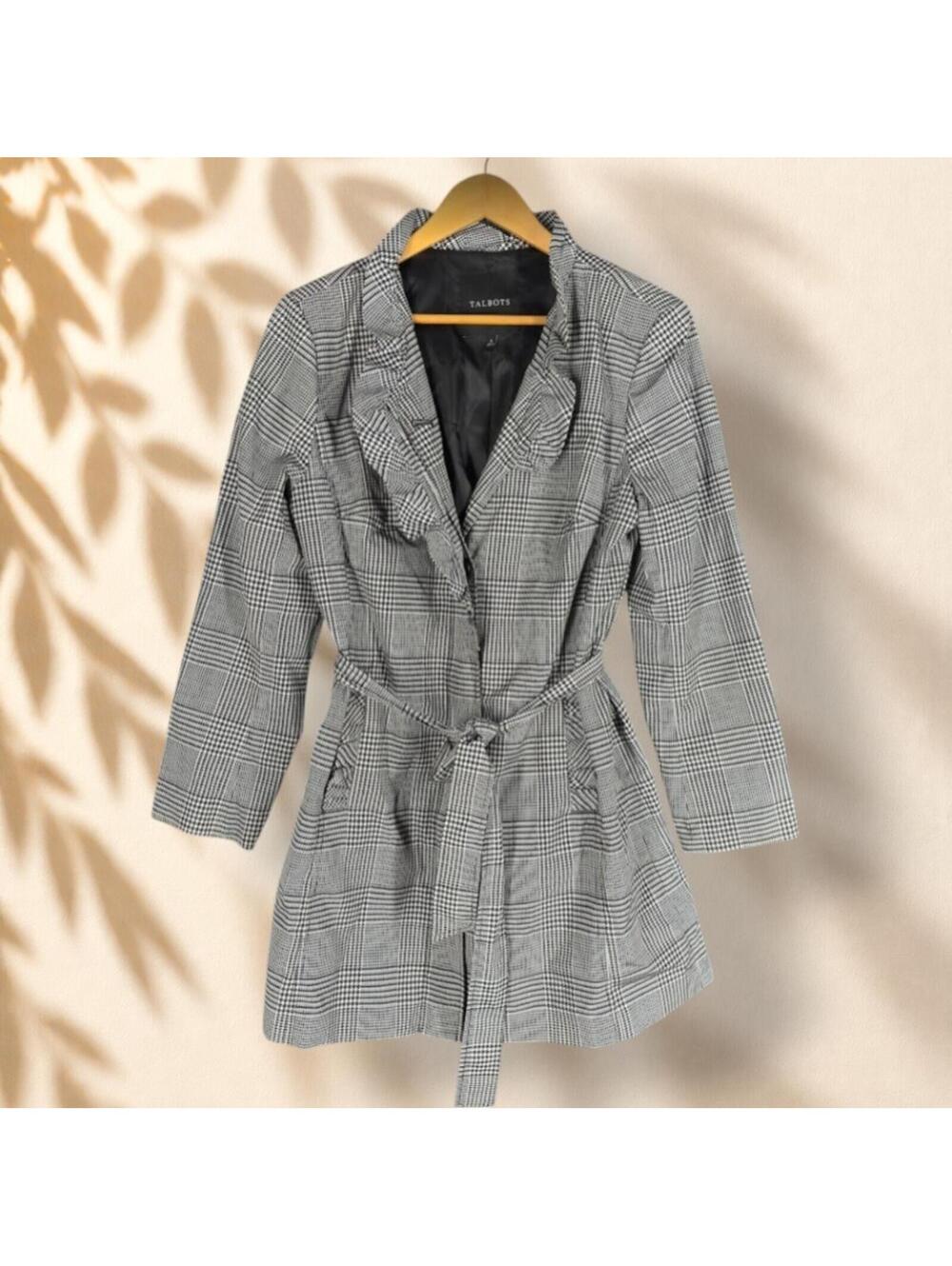 Talbots Coat Women 6 Gray Plaid Belted Long Sleeve Collared Lined Pockets Casual